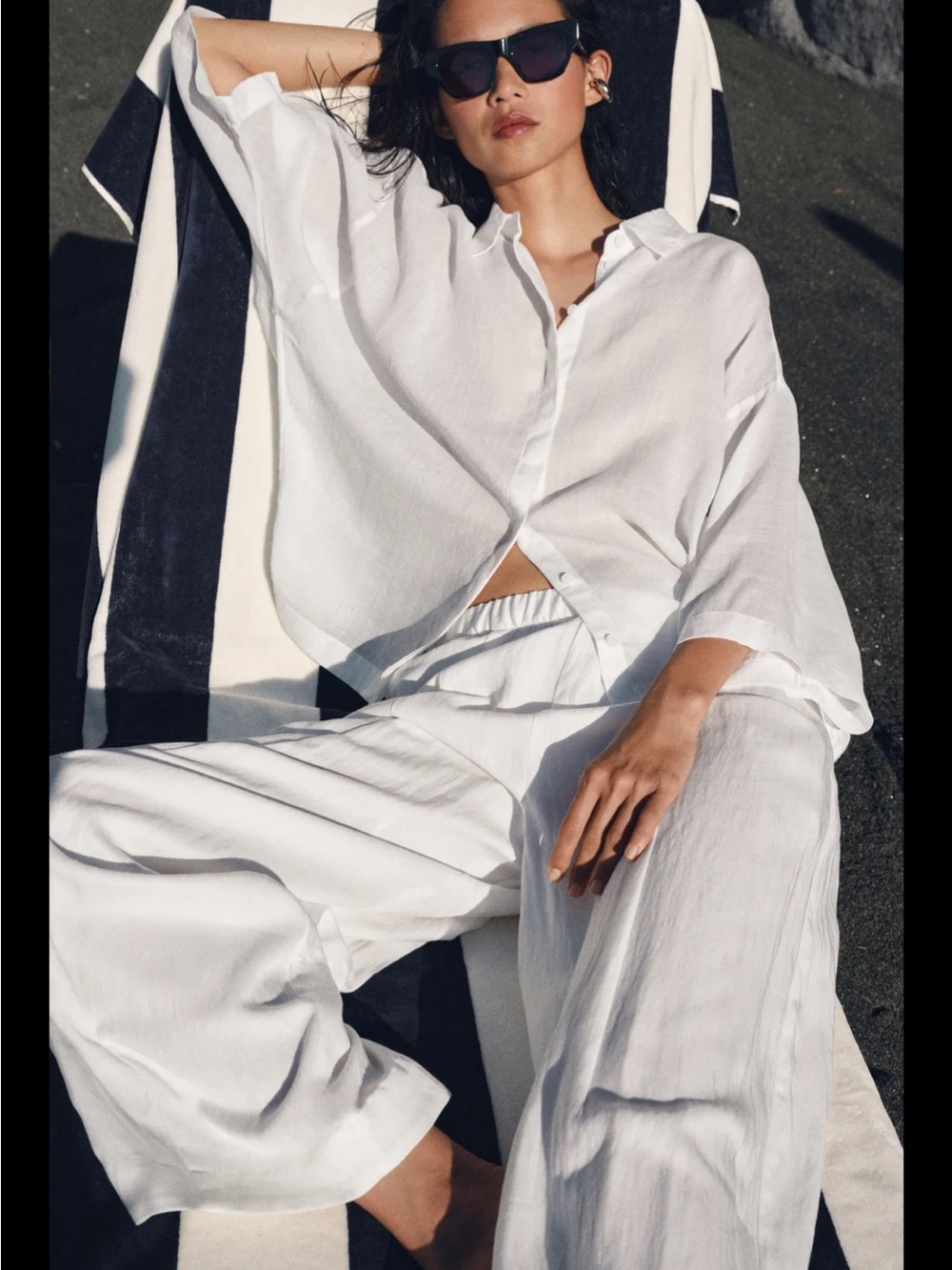 Zara‎ ZW Collection Lyocell Barrel Pant Oyster White Mid-Rise Size M